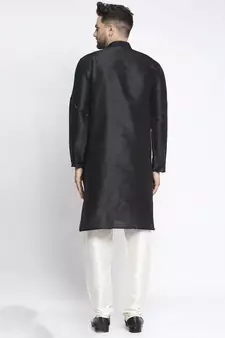 Black plain art dupion silk kurta-pajama