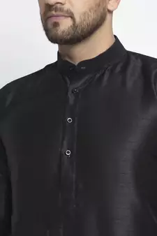 Black plain art dupion silk kurta-pajama
