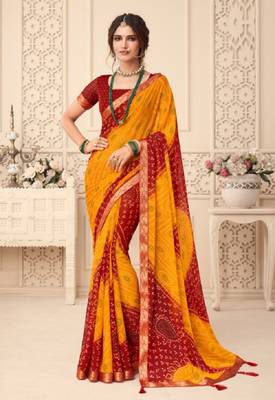 Yellow printed chiffon saree with blouse 1