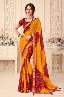 Yellow printed chiffon saree with blouse