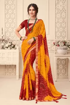 Yellow printed chiffon saree with blouse