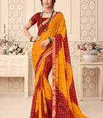 Yellow printed chiffon saree with blouse