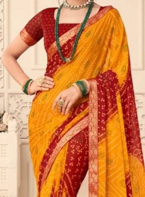 Yellow printed chiffon saree with blouse 3