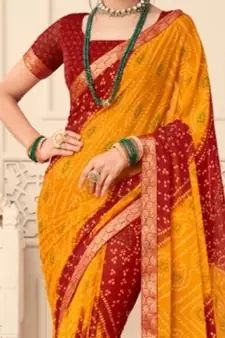 Yellow printed chiffon saree with blouse