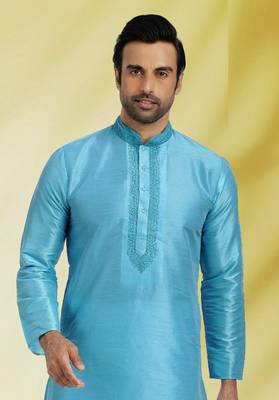 Blue embroidered art dupion silk kurta-pajama 2