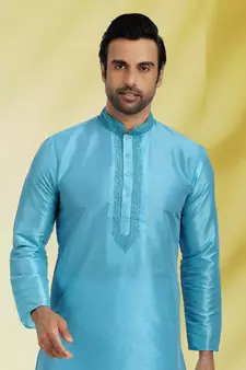 Blue embroidered art dupion silk kurta-pajama