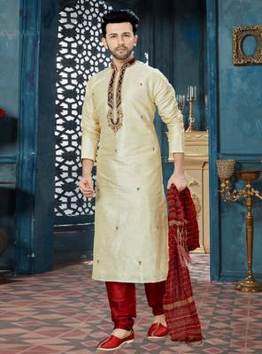 Fawn embroidered art dupion silk kurta-pajama 1