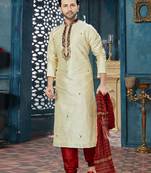 Fawn embroidered art dupion silk kurta-pajama