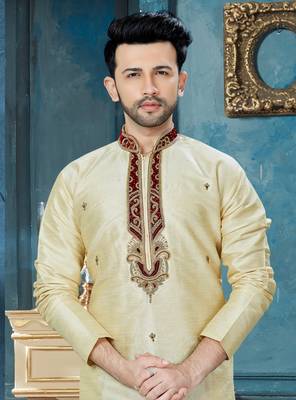 Fawn embroidered art dupion silk kurta-pajama 2