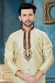 Fawn embroidered art dupion silk kurta-pajama