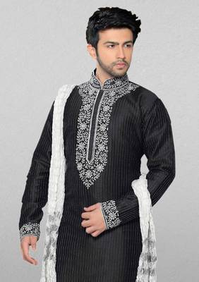 Black embroidered art dupion silk kurta-pajama 2