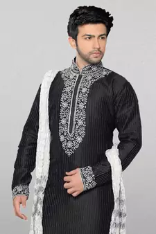 Black embroidered art dupion silk kurta-pajama