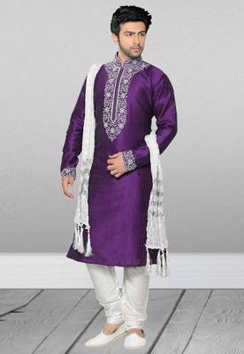 Purple embroidered art dupion silk kurta-pajama 1