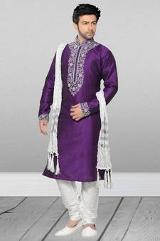 Purple embroidered art dupion silk kurta-pajama