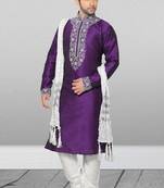Purple embroidered art dupion silk kurta-pajama