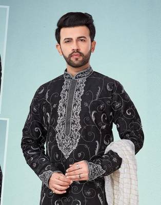 Black embroidered art dupion silk kurta-pajama 2