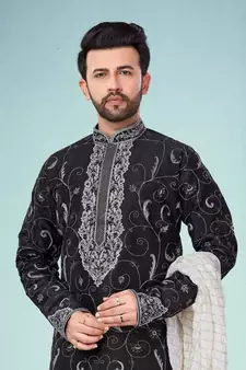 Black embroidered art dupion silk kurta-pajama