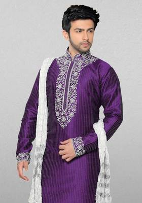 Purple embroidered art dupion silk kurta-pajama 3