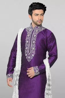 Purple embroidered art dupion silk kurta-pajama