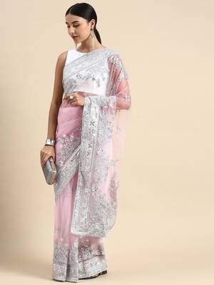 Pink embroidered net saree with blouse 1