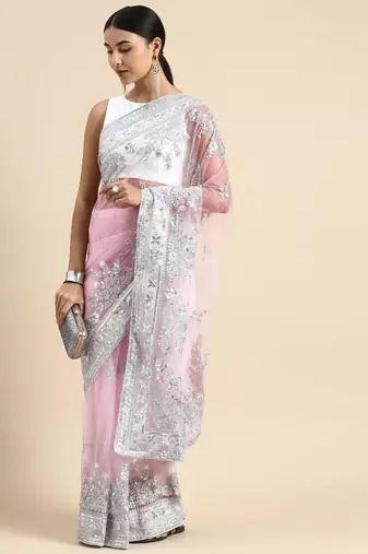 Pink embroidered net saree with blouse