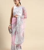 Pink embroidered net saree with blouse