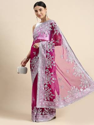 Dark pink embroidered net saree with blouse 1