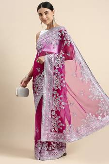 Dark pink embroidered net saree with blouse