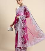 Dark pink embroidered net saree with blouse
