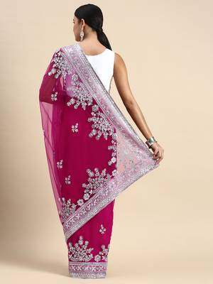 Dark pink embroidered net saree with blouse 2