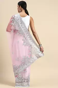 Pink embroidered net saree with blouse