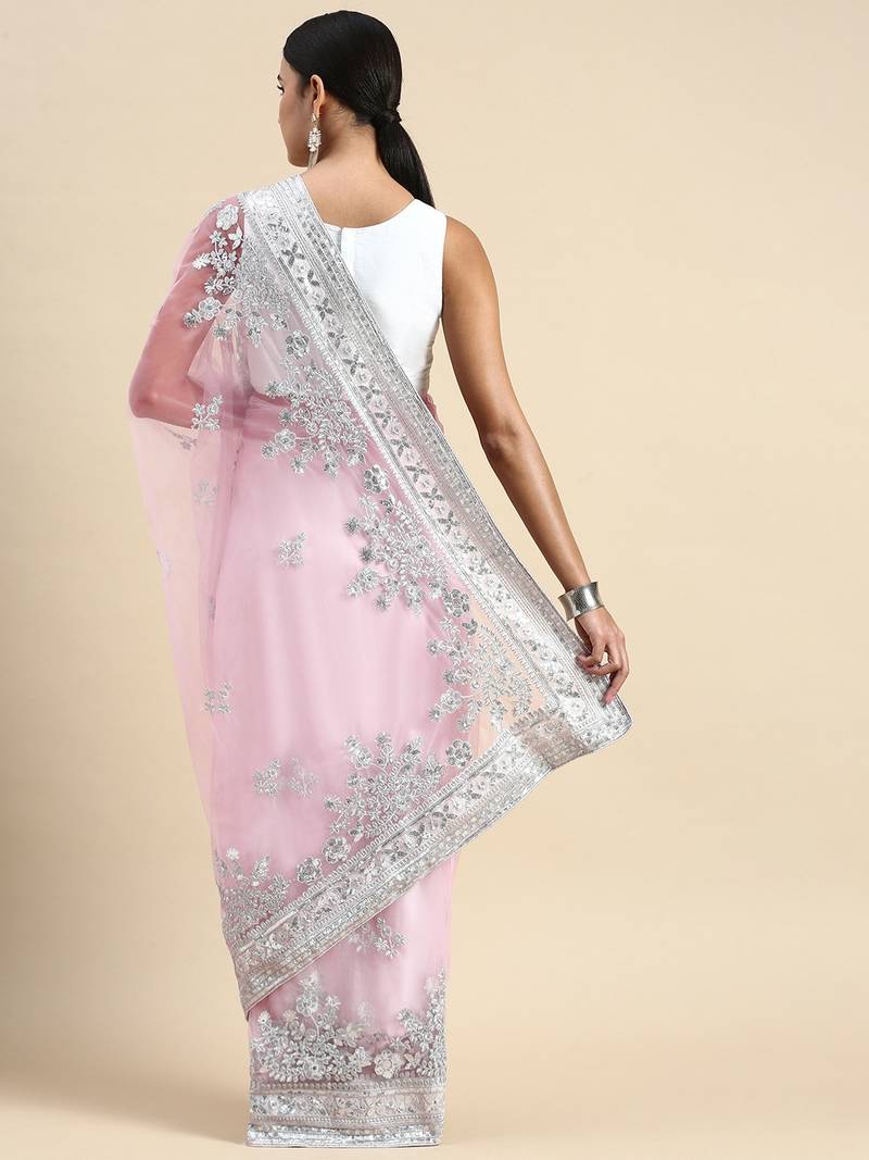 Pink embroidered net saree with blouse