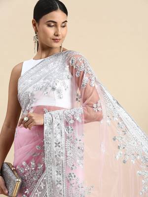 Pink embroidered net saree with blouse 3