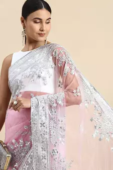 Pink embroidered net saree with blouse