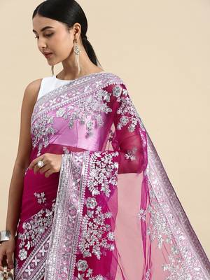 Dark pink embroidered net saree with blouse 3