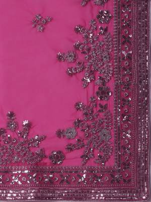 Dark pink embroidered net saree with blouse 4