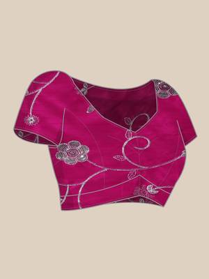 Dark pink embroidered net saree with blouse 5