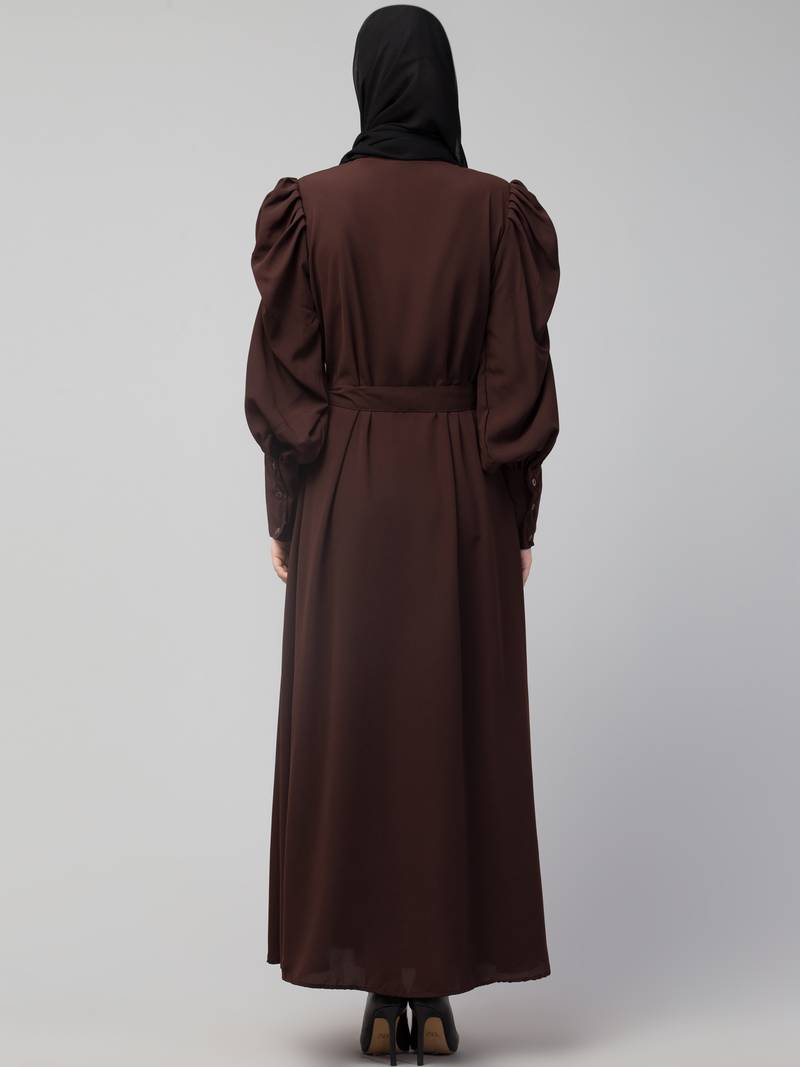 Nazneen front open till waist gathered puffed Sleeve long cuff  with belt Casual Abaya