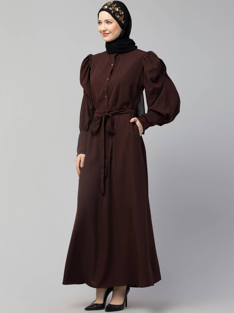 Nazneen front open till waist gathered puffed Sleeve long cuff  with belt Casual Abaya