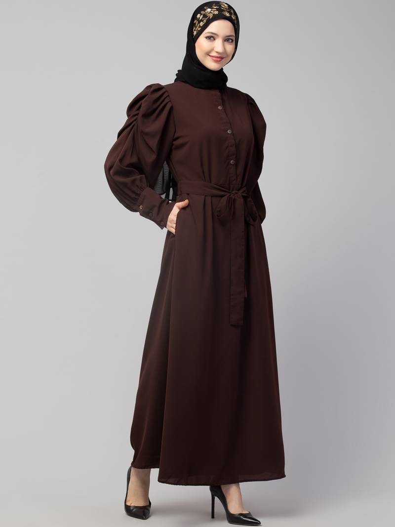 Nazneen front open till waist gathered puffed Sleeve long cuff  with belt Casual Abaya
