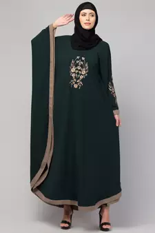 women style embroidered abaya kaftan bottle green