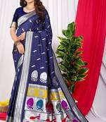 Navy blue woven paithani silk saree with blouse