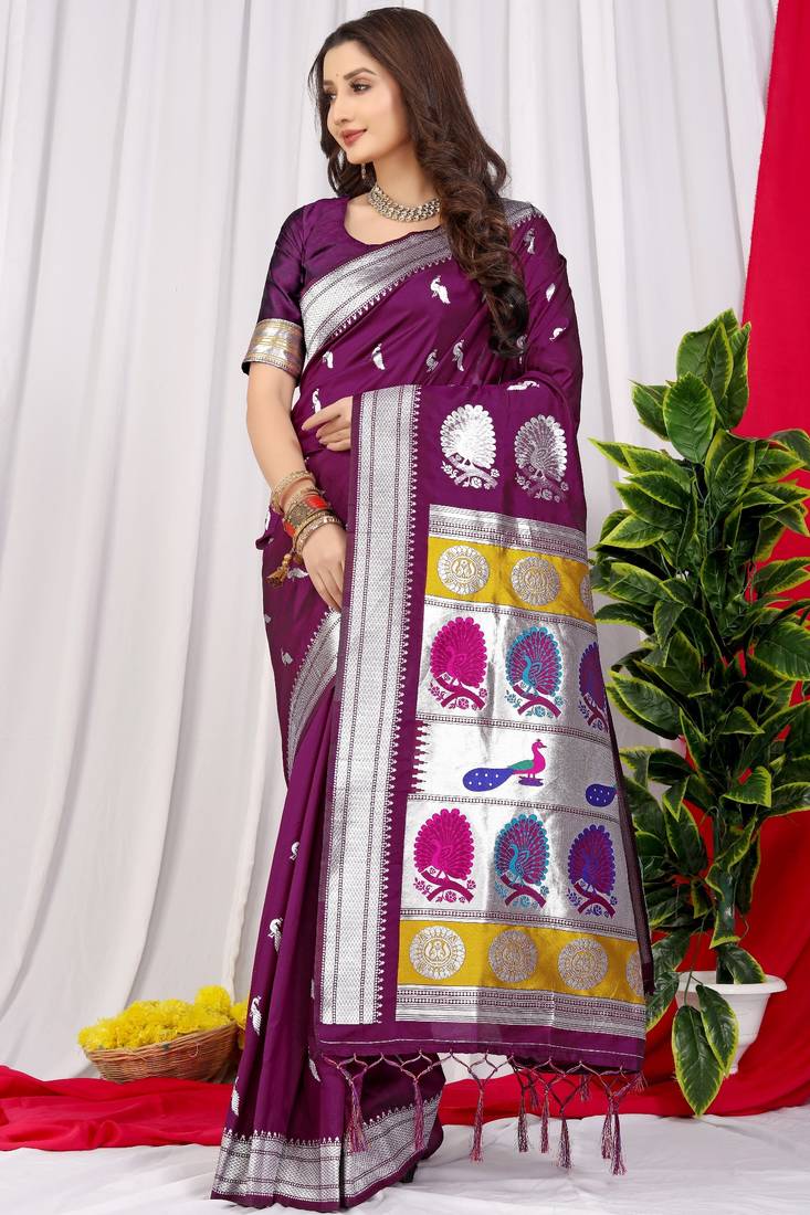 Wine woven paithani silk saree with blouse
