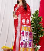 Red woven paithani silk saree with blouse