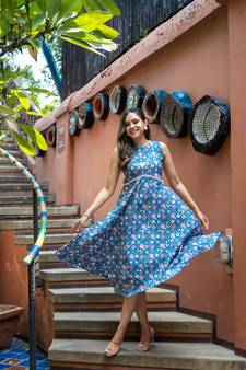 Weavllite Women's Dark Blue  Pure Cotton Floral Dress