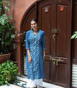 Weavllite Women's Indigo  Pure Cotton Block printed Kurta