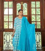 Weavllite Women's Blue  Pure Cotton Ikat Print Kurta set