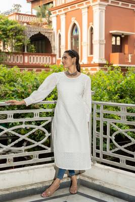 Weavllite Women's White  Cotton Schiffli  Embroidery Kurta 1