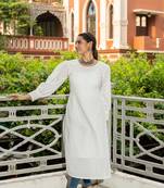 Weavllite Women's White  Cotton Schiffli  Embroidery Kurta