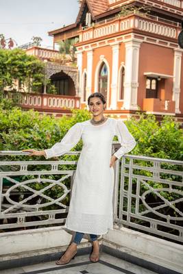 Weavllite Women's White  Cotton Schiffli  Embroidery Kurta 2